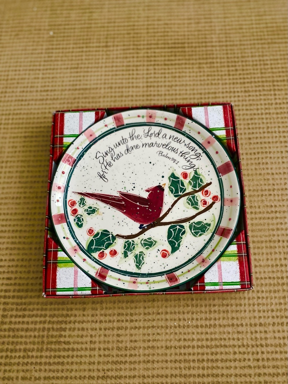 Julie Ueland Cardinal Christmas Inspirational Ceramic Plate. Hang or Flat.
